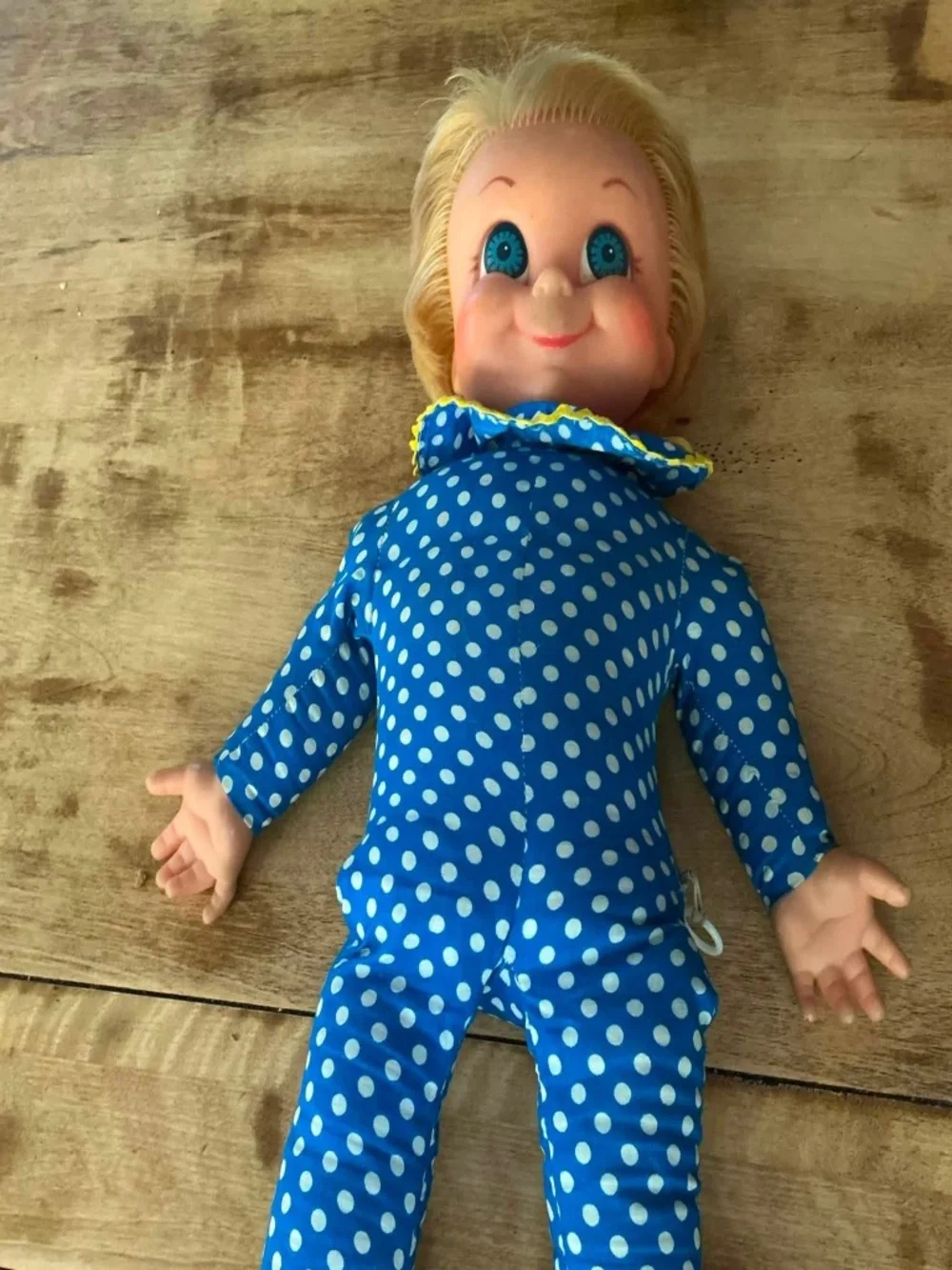 🩵 Mrs. Beasley Vintage Doll – Blue Polka Dot Dress